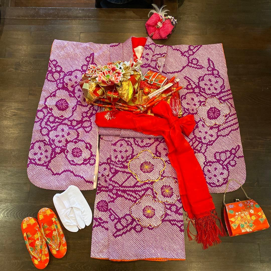 アンティーク 七五三 七歳 着物 作り帯 小物一式 フルセット 正絹 総絞り 梅 楽天市場】7歳 女の子 七五三 正絹 着物レンタル j7374 フルセット