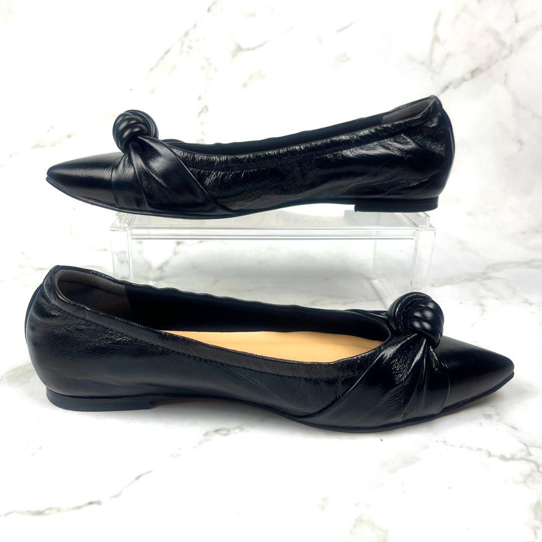 銀座かねまつ】ポインテッドトゥ フラット パンプス リボン ブラック