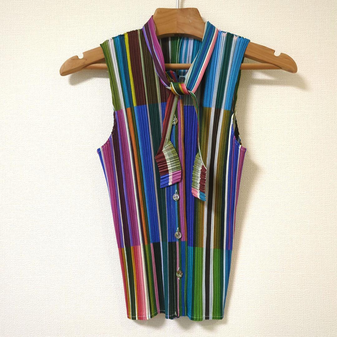 【美品】PLEATS PLEASE ノースリーブブラウス リボン　サイズ3 PLEATS PLEASE ISSEY MIYAKE - 美品 プリーツプリーズ イッセイミヤケ