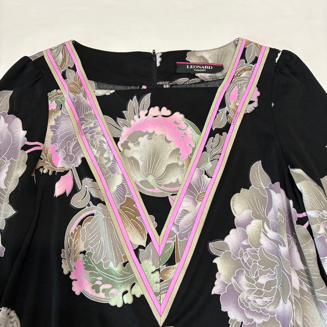 LEONARD レオナール カンカン ストレッチ 花柄 ワンピース 42サイズ