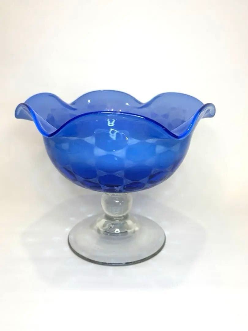 昔ガラスアンティーク花縁フリル亀甲紋様ガラスコンポートブルー