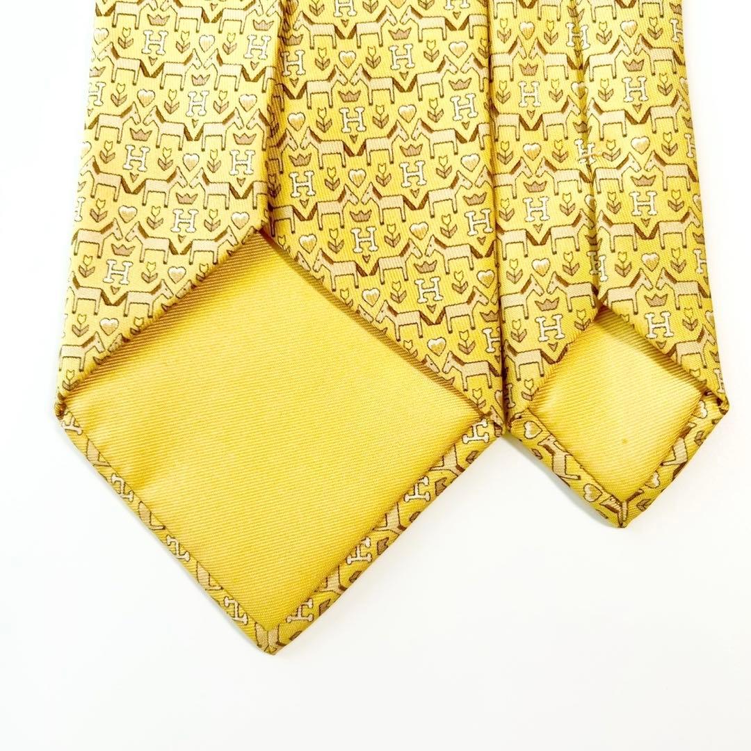 美品】エルメス Hロゴ 馬 ハート 王冠柄 花柄 シルクネクタイ イエロー