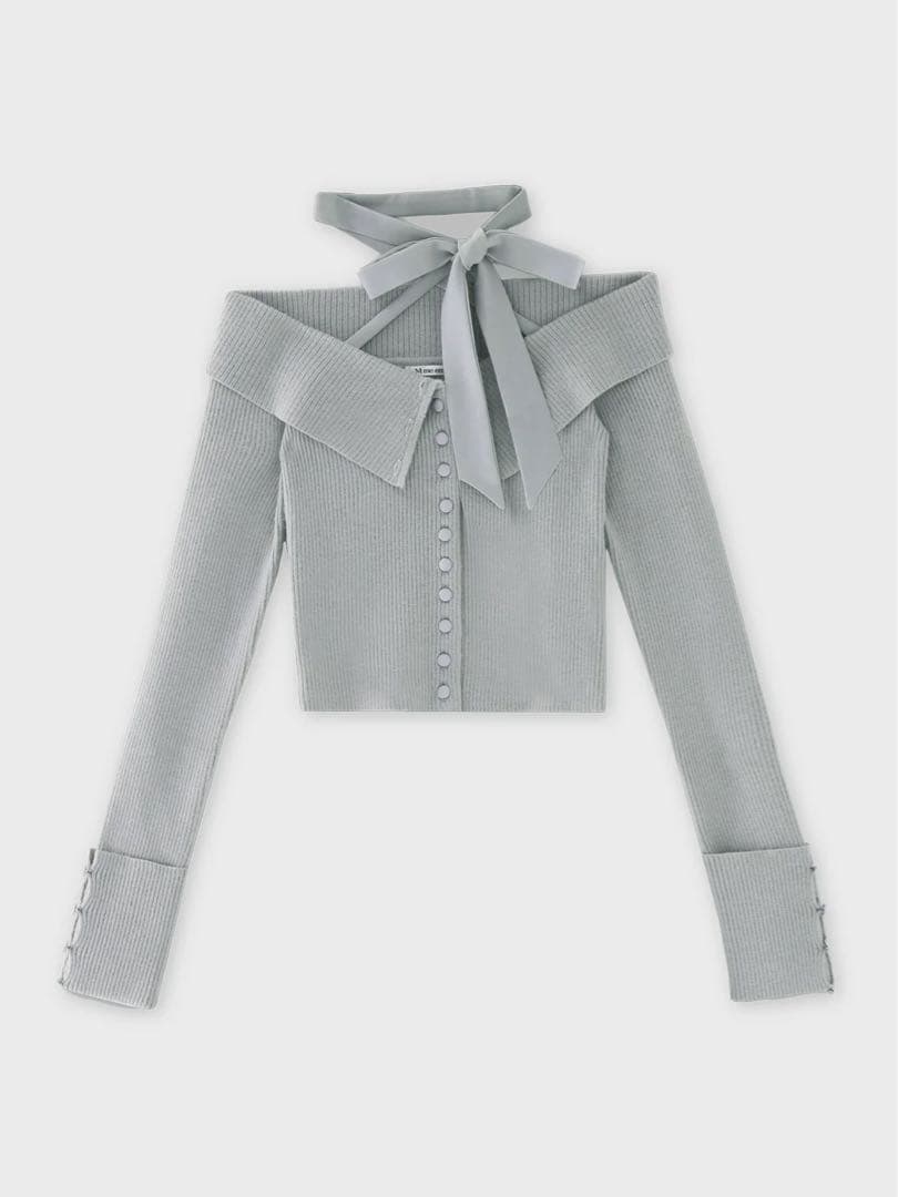 M me eme エムミーエメ デコルテリボンオフショルダーニットトップス