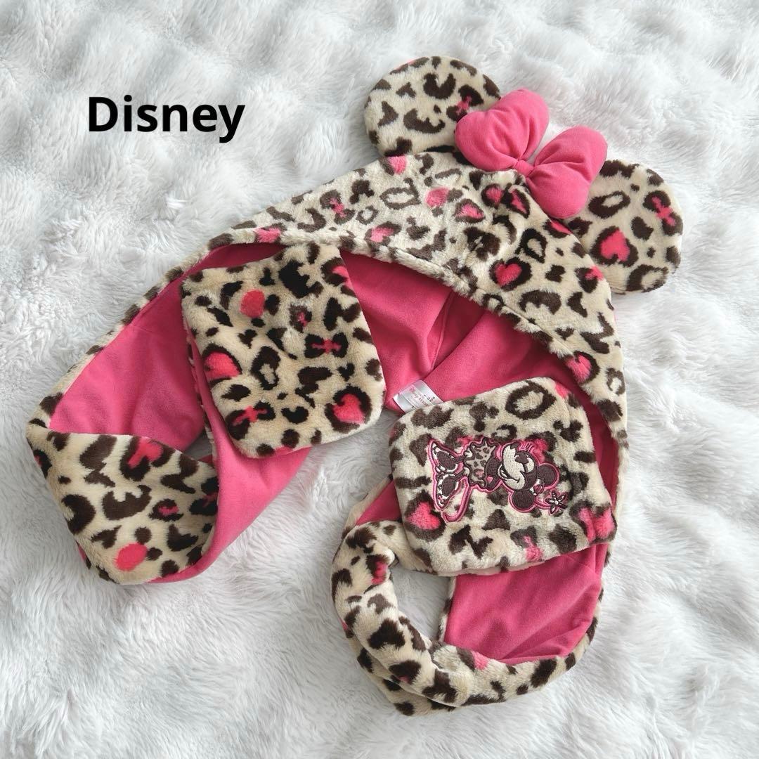 美品✨ディズニー☆ヒョウ柄 ファンキャップ マフラー ミニーちゃん