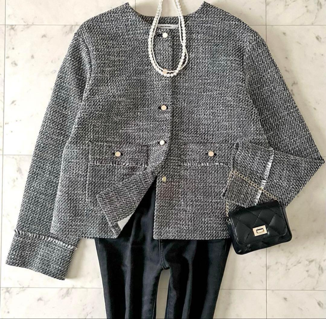 25SS＊試着のみ＊ドアーズ ツイードノーカラージャケット ブラック系 長袖 送料無料】【セットアップ対応】ライトシャインツイード ノーカラー