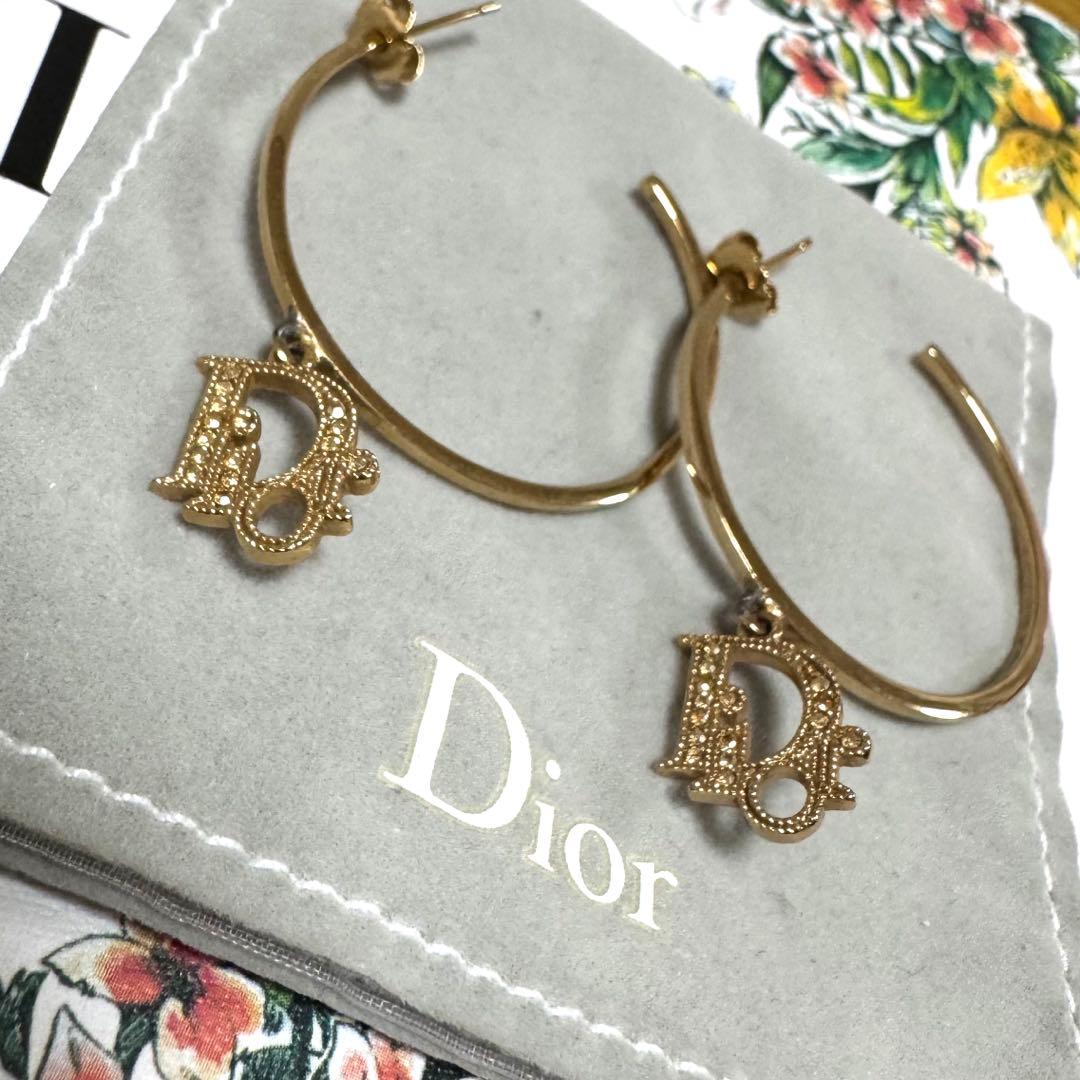 【極美品】Christian Dior フープピアス ラインストーンロゴチャーム Christian Dior ディオール CDロゴ ラインストーン ピアス