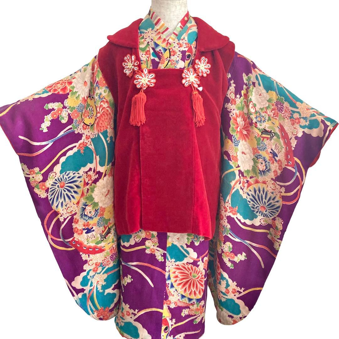 ターコイズ アンティーク3歳 女の子 子供着物 七五三 アンティーク着物 NO 七五三】アンティーク着物 3歳（水色・鶴）セット｜heartmelt