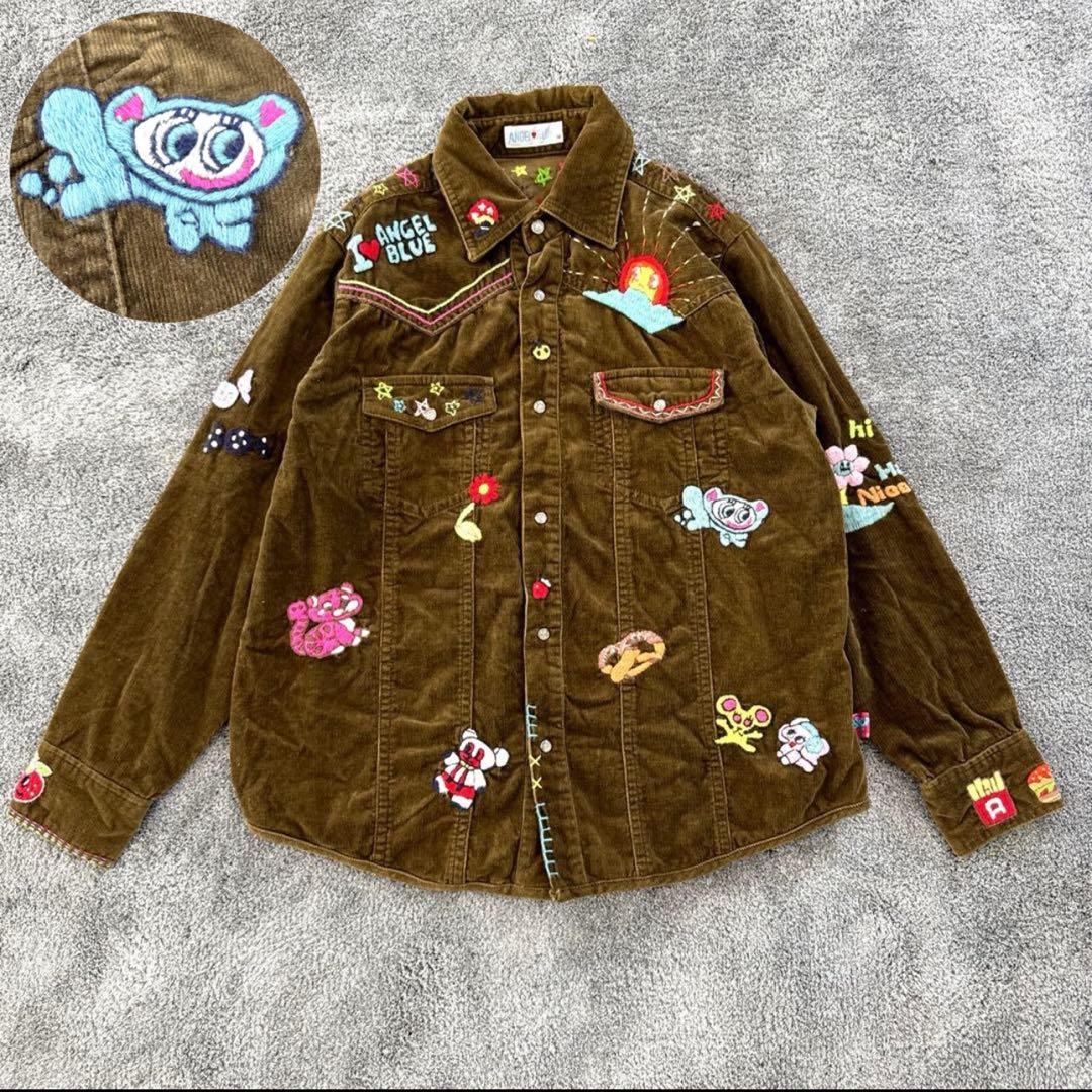エンジェルブルー　ナカムラくんコーデュロイシャツ150 刺繍　平成レトロ　y2k 美品】エンジェルブルー 150 長袖Tシャツ ナカムラくん総柄レア ロンT