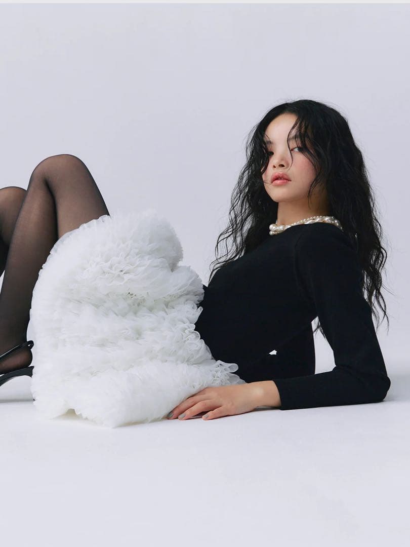 新品　eimy istoire ボリュームチュールフリルニットワンピース ボリュームチュールフリルニットワンピース