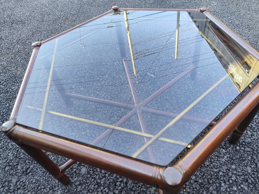 関東限定】マルニ木工 六角形ガラステーブル 竹風 ヴィンテージ