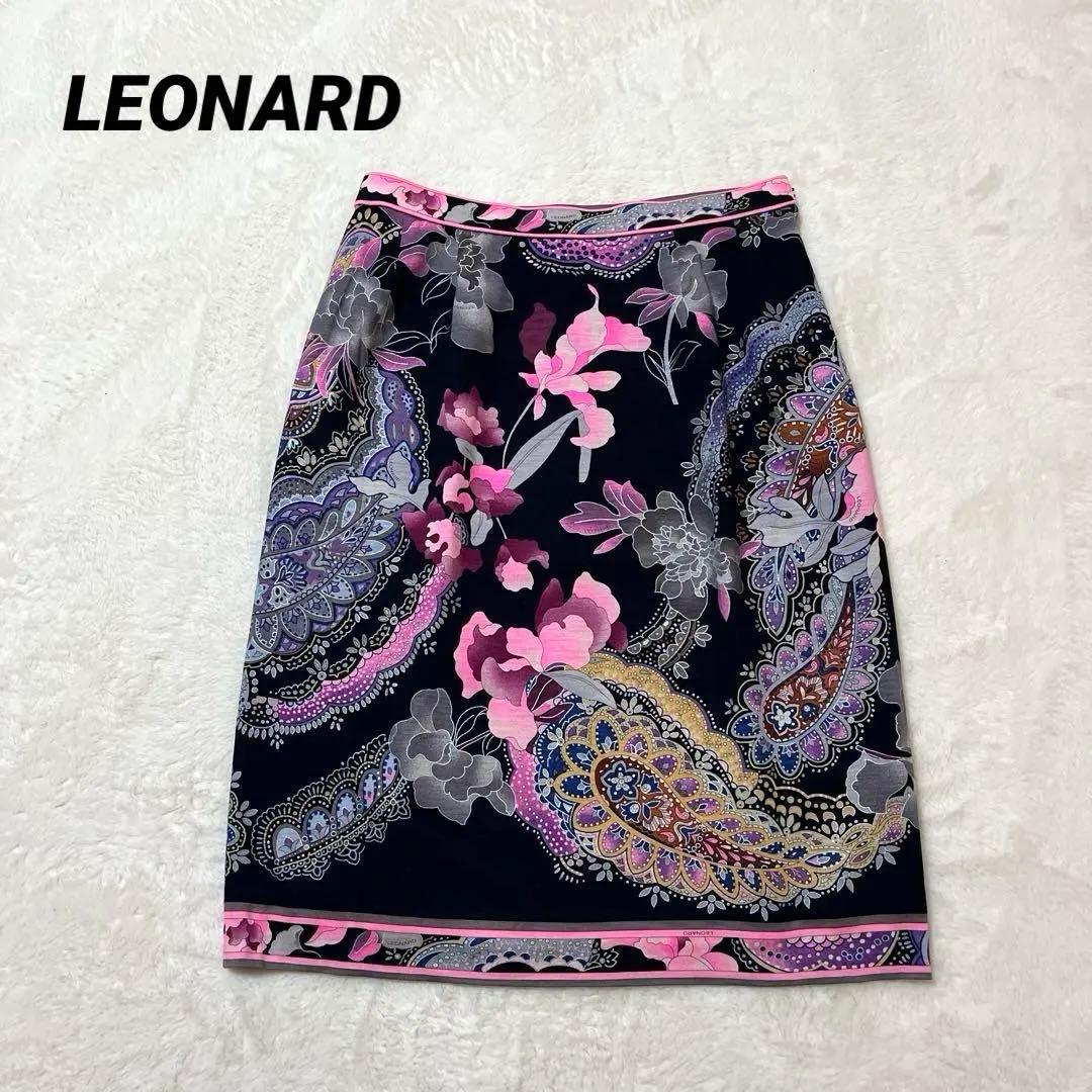 レオナール スカート ウールシルク 花柄 ペイズリー ひざ丈 76 黒ピンク anc レオナール LEONARD セットアップ 38 黒 ピンク ニット ワンピース