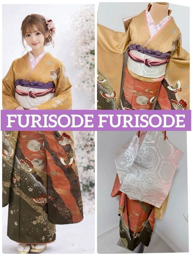 正絹振袖フルセット　豪華金彩　縁起柄金色 オレンジ 蝶模様　成人式 中古 振袖 正絹 蝶 古典柄 袷仕立て 身丈166cm 裄丈67cm 箔 金彩 成人