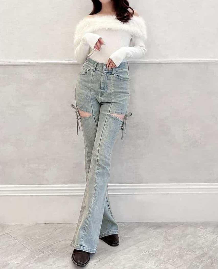 即日発送！RESEXXY カットアウトリボンデニムパンツ アイスブルー