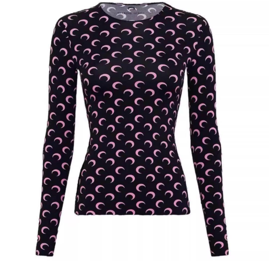 Marine serre 長袖 Tシャツ・カットソー 黒とピンク MARINE SERRE（マリーンセル） マリーン セル 長袖 Tシャツ Moon Logo