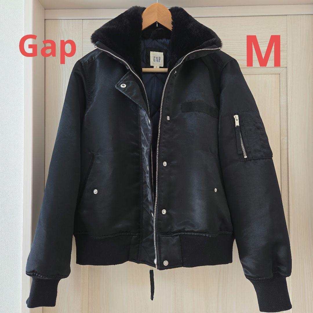ここなつ☆GAP MA-1 ボンバージャケット ブラック ファー Y2K 裏起毛 デニムジャケット MA-1 ブルゾン フェイクファーフード付き