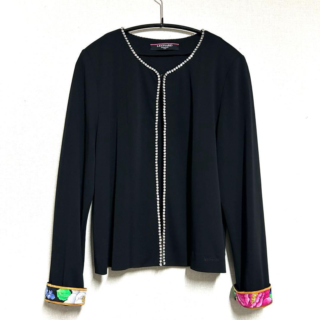 レオナール LEONARD カーディガン カンカン素材 ラインストーン ビジュー 60c6 LEONARD レオナール カンカン素材 薄手カーディガン ライン