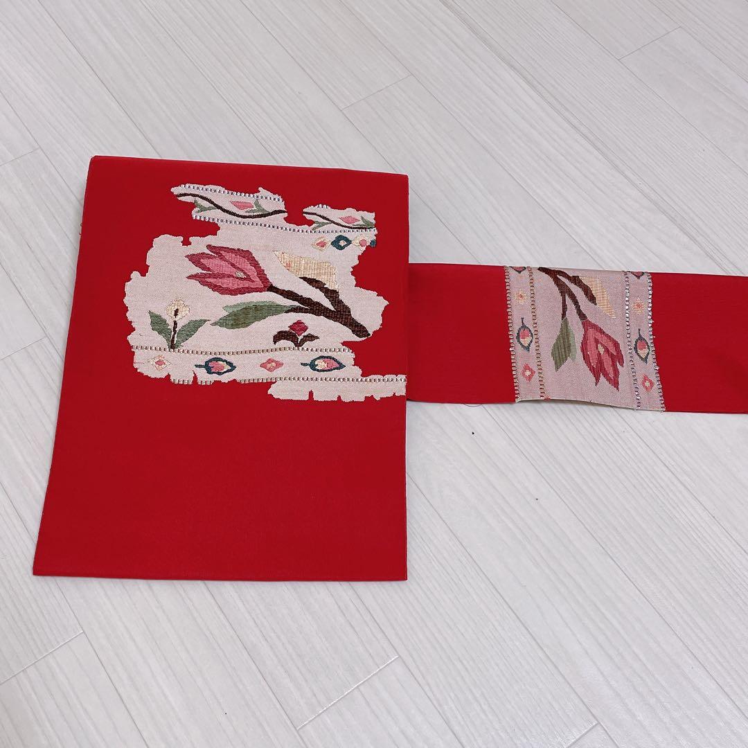 名古屋帯 赤 チューリップ 正絹 松葉仕立て - メルカリ