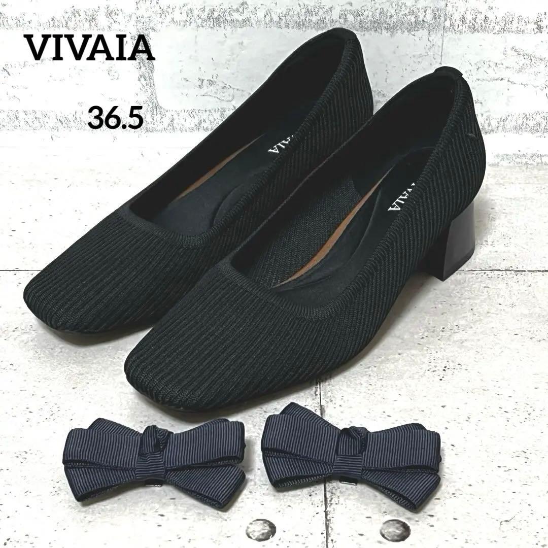 極美品【ヴィヴァイア】スクエアトゥ チャンキーヒール リボン♡ブラック 36.5 スクエアトゥチャンキーヒールストレッチミドルブーツ ｜靴