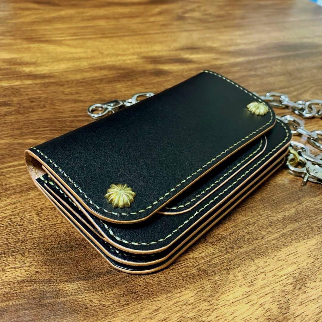 ⭐︎特別モデル⭐︎トラッカーウォレット　姫路レザー　CAx008 ロングトラッカーウォレット/姫路レザー芯通し黒色/ステッチ白色/フル