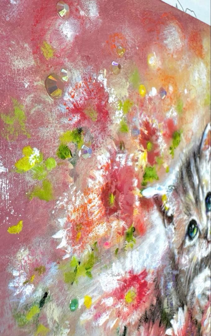 ぷ*あ様 絵画原画　《きらりん✳︎みいっけ！》 にゃんことガーベラのほんわか色