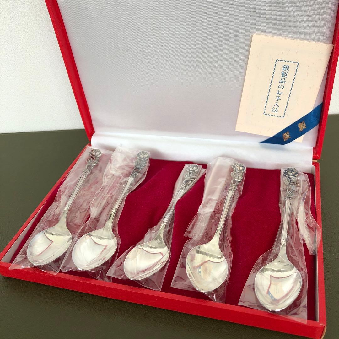 未使用　銀製　スプーン5客セット　純銀　シルバー　バラ　薔薇　SILVERローズ スウェーデン「薔薇装飾 コーヒースプーン 5本セット」《アンティック