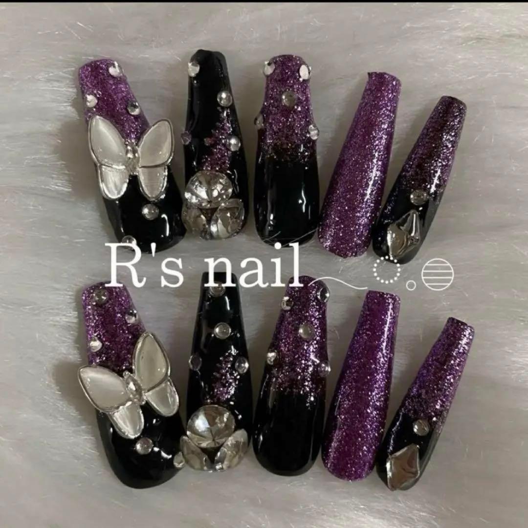 ギャルロングネイルチップ/成人式ネイルチップ/蝶々ネイルチップ