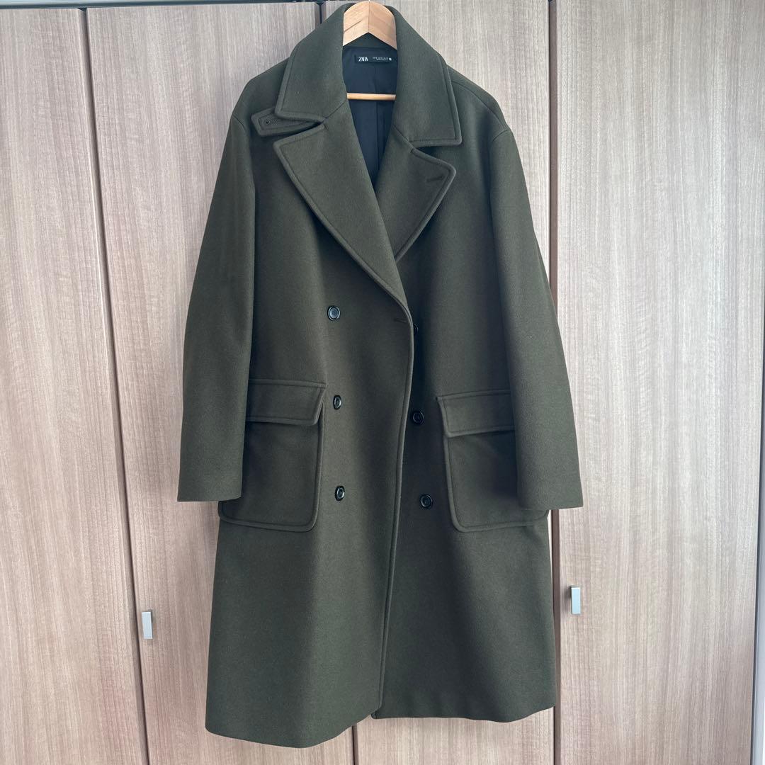 【匿名配送】ZARA メンズ　ダブルブレストコート　モスグリーン ZARA ウールダブルブレストコート Lサイズ カーキ 新品タグ付き 今期