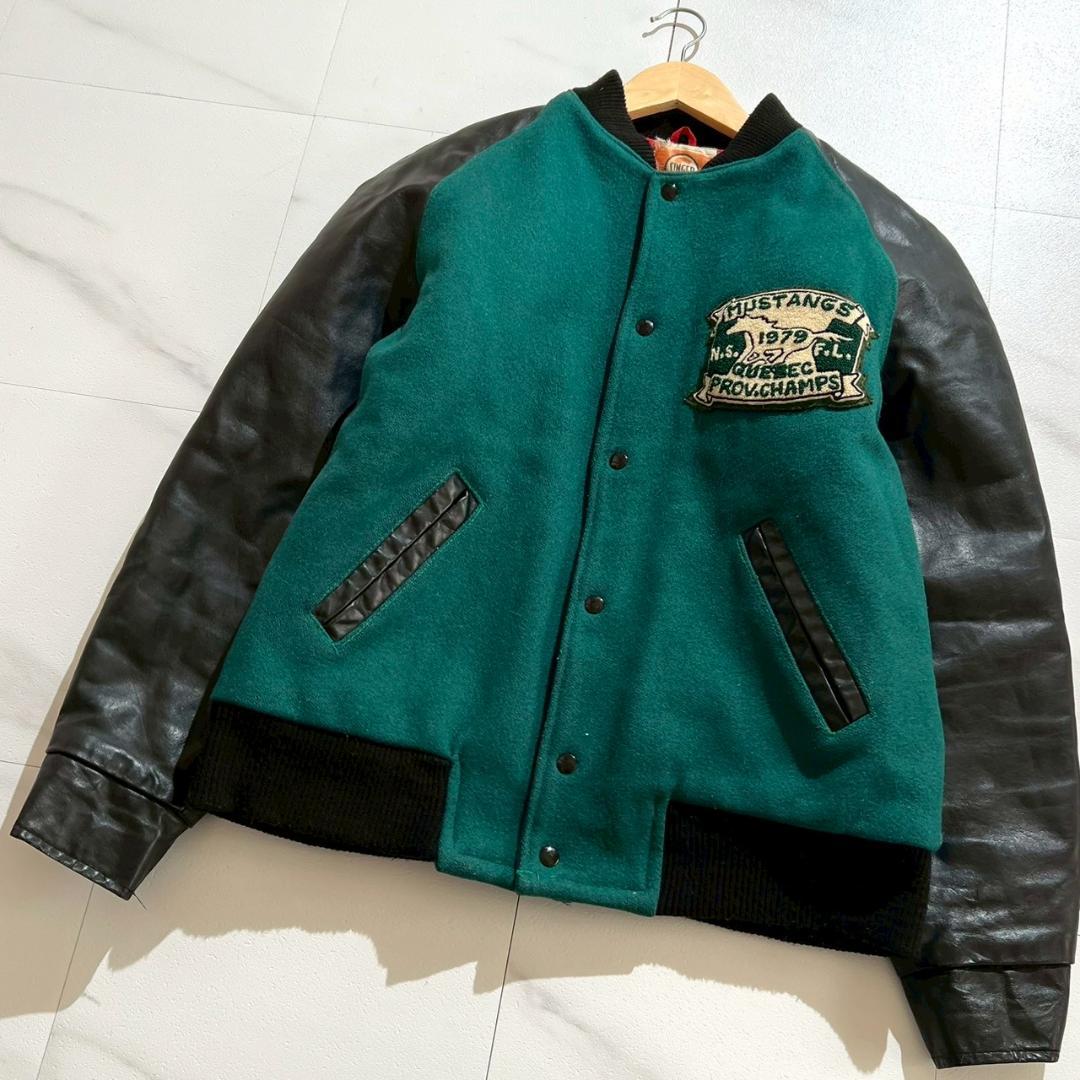希少70s　ヴィンテージ　スタジャン　袖レザー　ウールメルトン　キルティング　緑 希少70s ヴィンテージ スタジャン 袖レザー ウールメルトン