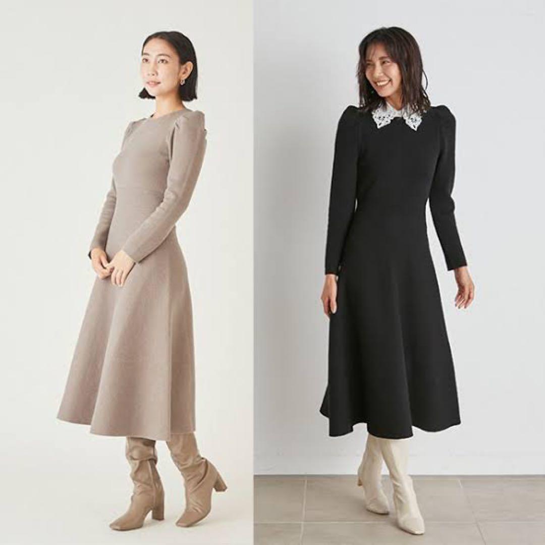 【完売商品】SNIDEL ホワイトレースカラーニットワンピース black SNIDEL（スナイデル）の「ホワイトレースカラーニットワンピース