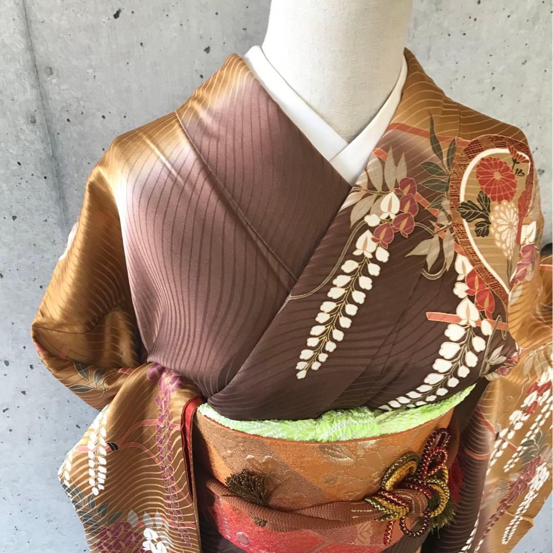 帯サービス】正絹 振袖 花蝶に金箔 染め分け