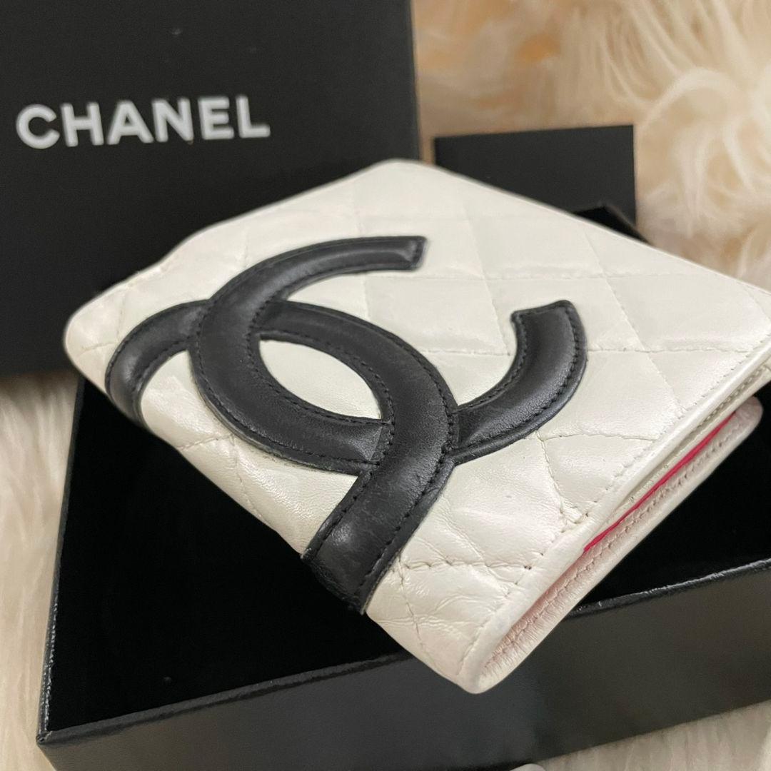 シャネル CHANEL 二つ折り 財布 カンボンライン 白 ピンク 黒 がま口