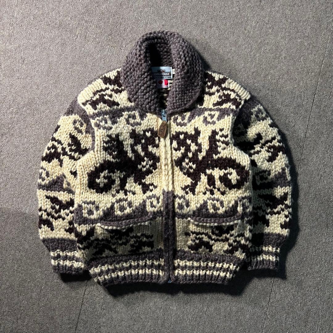 カナダ製 LONGHOUSE カウチンニットセーター ジップアップ 肉厚良品 LONG HOUSE L位42カナダ製カウチンセーター最高級ニット