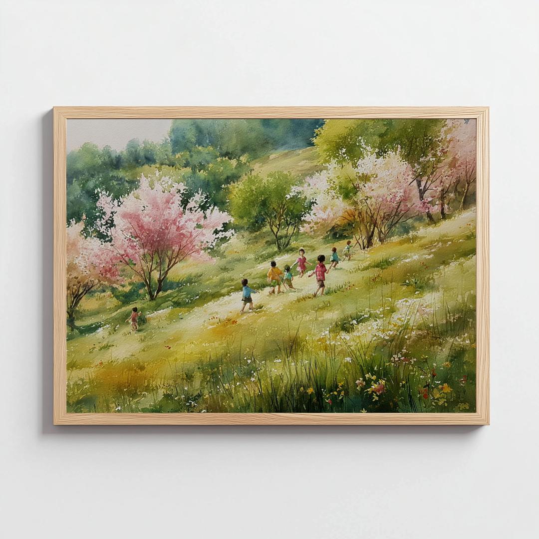 A4 春の丘、あの日の笑顔｜子どもたちの水彩風景 桜 季節 - メルカリ