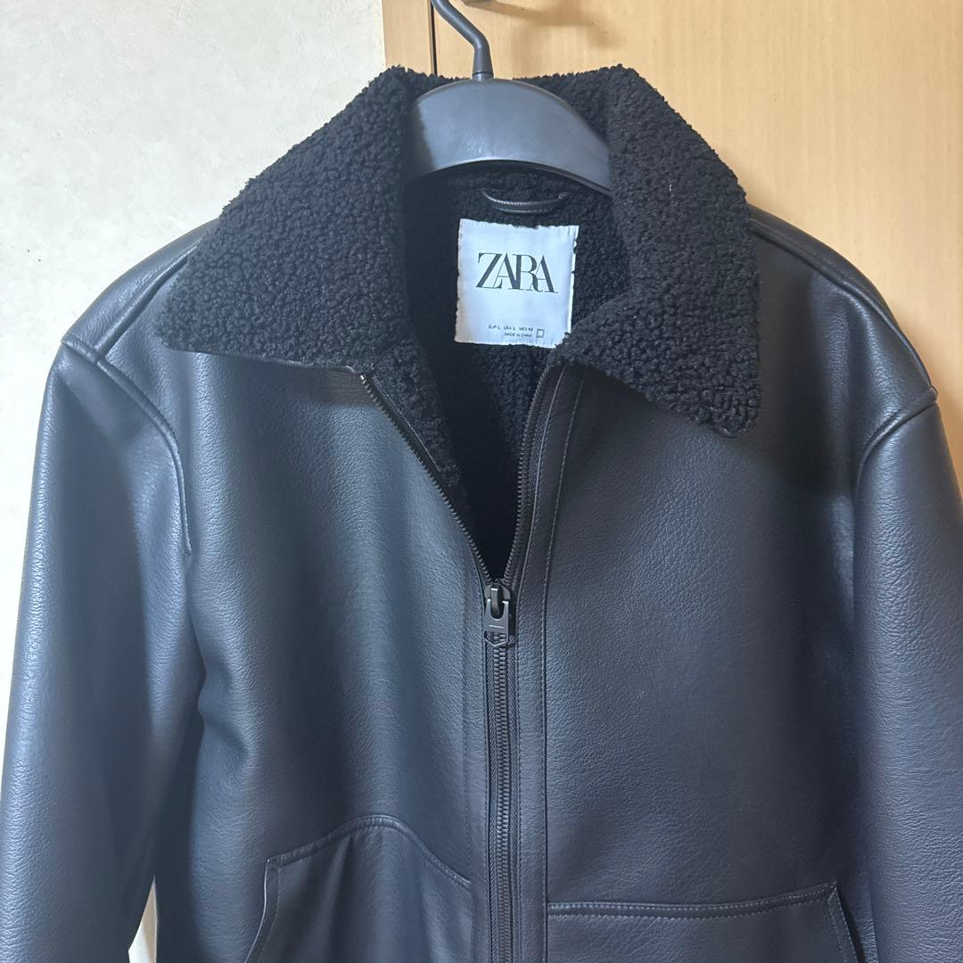 ZARA 黒 レザージャケット ボア襟 - メルカリ