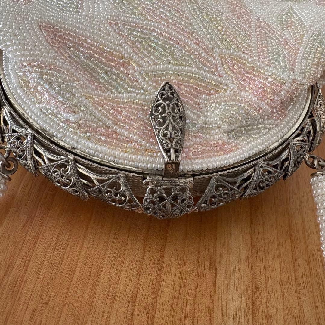 総ビーズバッグ パーティーバッグ 和装 洋装 花柄 白 ピンク 刺繍