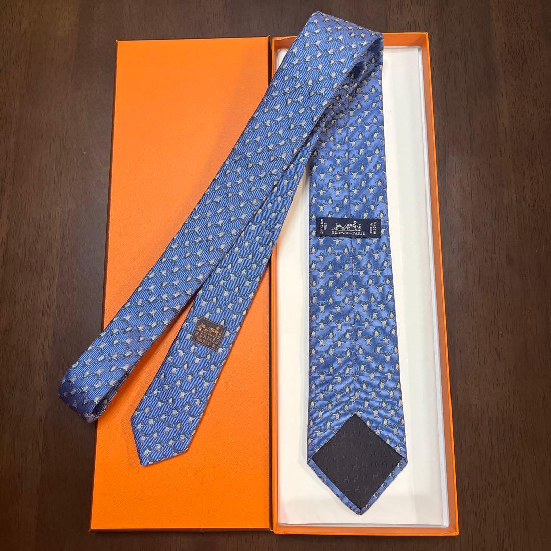 美品 エルメス ネクタイ 青紺 ペンギン柄 シルクジャガード 結婚式