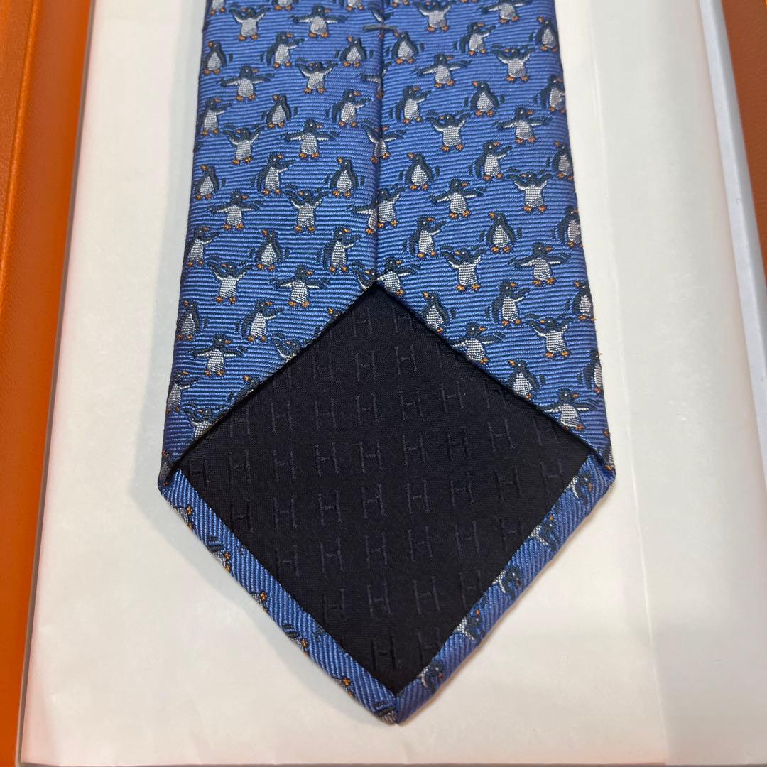 美品 エルメス ネクタイ 青紺 ペンギン柄 シルクジャガード 結婚式