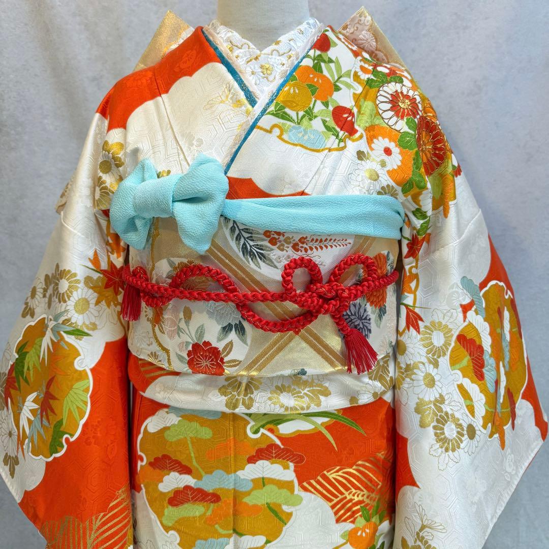 振袖フルセット 古典柄 トールサイズ 161〜171 白地オレンジ 正絹 成人