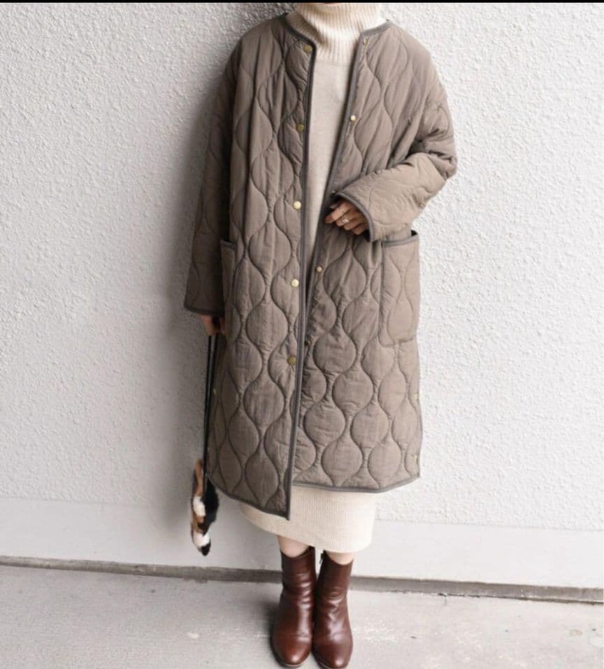 美品 SHIPS シップス ノーカラーキルティングコート カーキ SHIPS any別注】TAION: パイピング ノーカラー キルティング コート