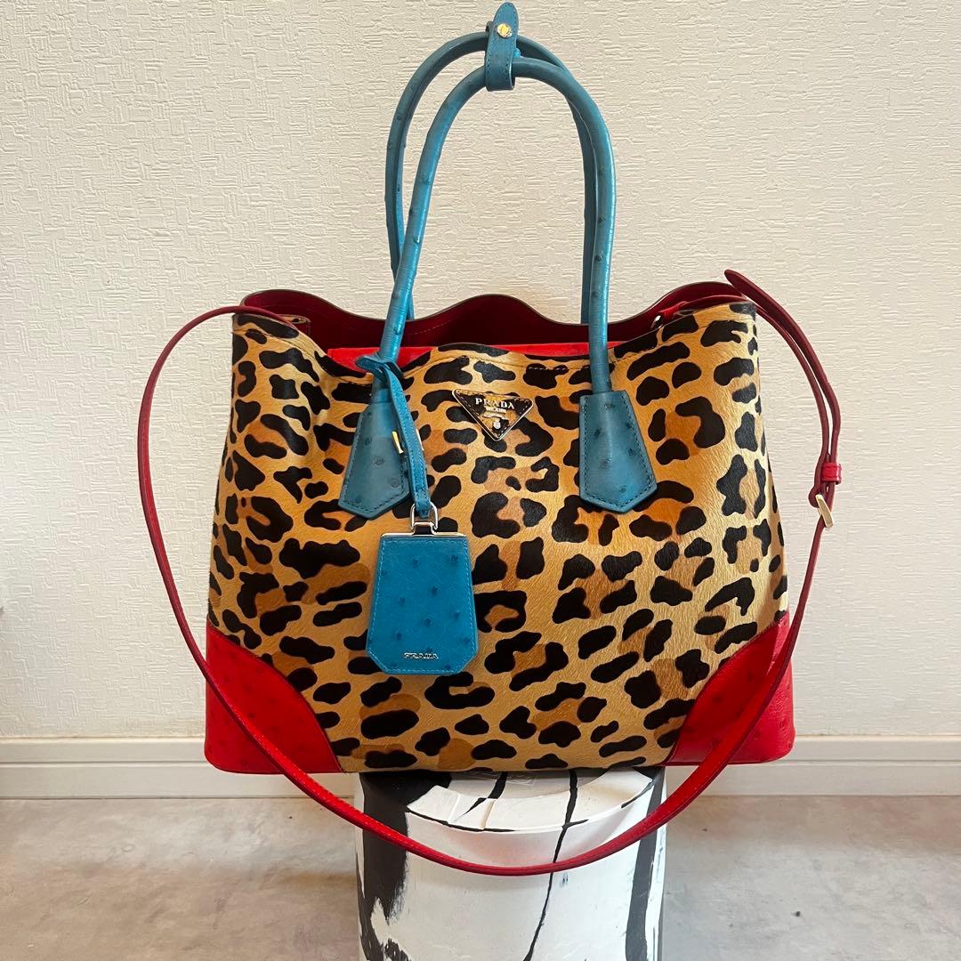 prada レオパード　豹　ハラコ　バッグ　レッド　ヘアカーフ　chieko+ PRADA - PRADA プラダ レオパード柄 ハラコ コンビレザー ナイロン