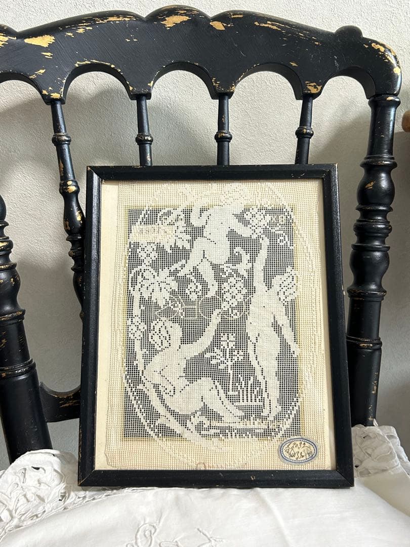 アンティークレース　フィレレース　アンティークフレーム入り 天使　angel パリ発送】L2843 フランスアンティークレースマット/テーブルセンター