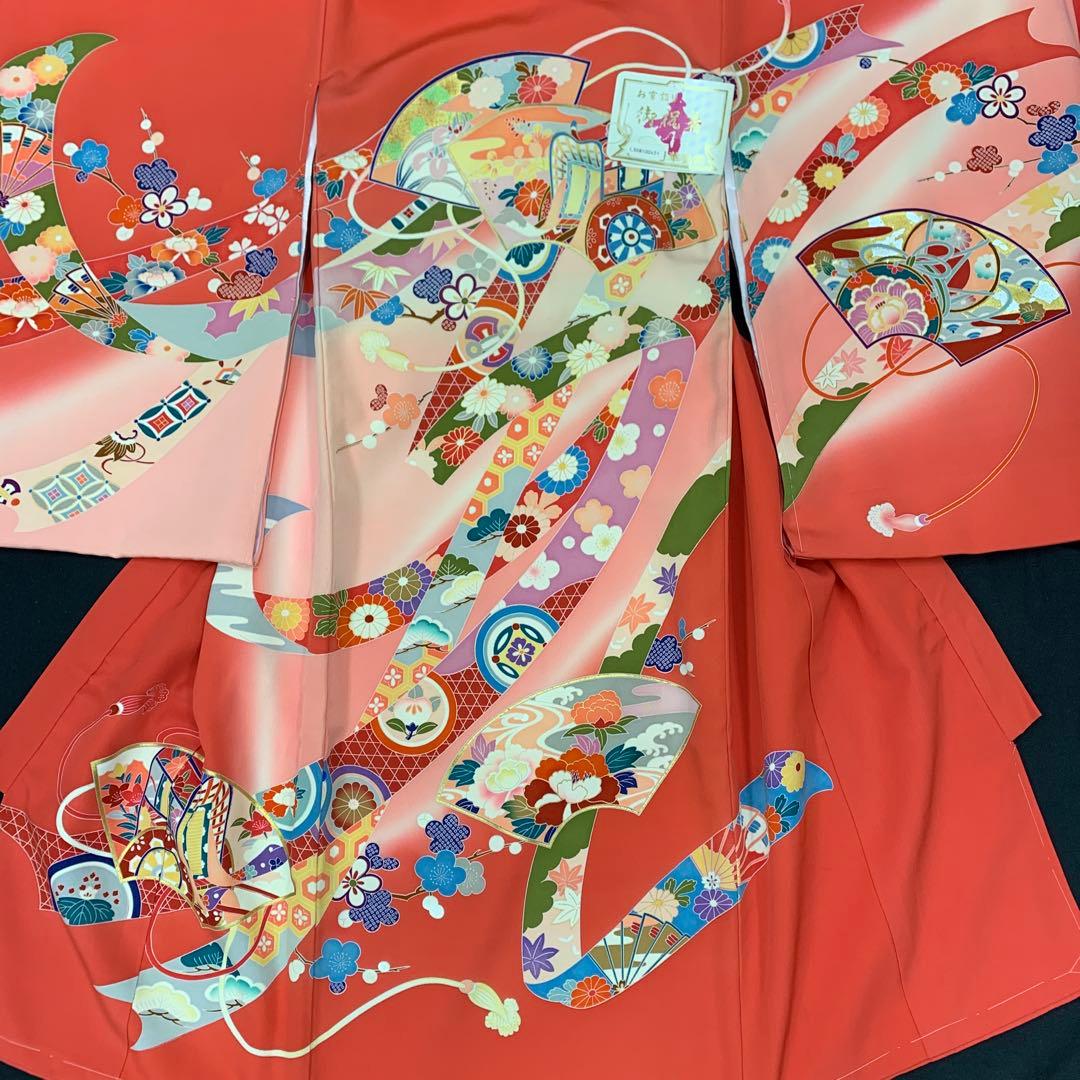 最高級新品正絹産着京友禅手描き美術特撰本金、祝い四季花熨斗扇面古典