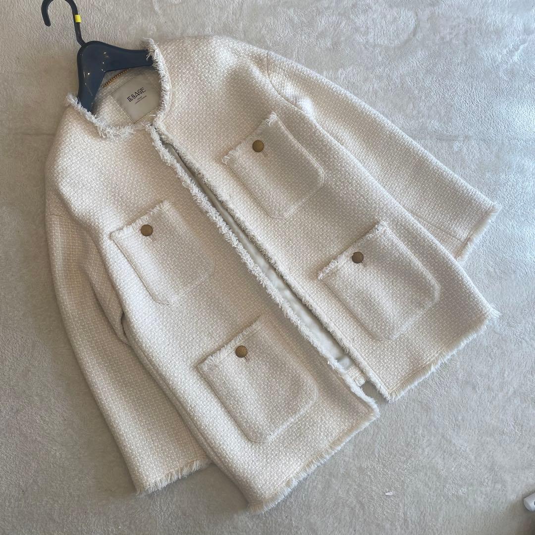 【美品】レサージュ　GIOLICAノーカラーBIGジャケット　ツイード journal standard L'essage（ジャーナルスタンダード レサージュ