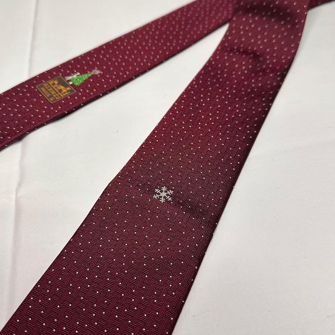 極美品☆エルメス☆ネクタイ☆ワインレッド☆ファソネ☆雪☆ツリー