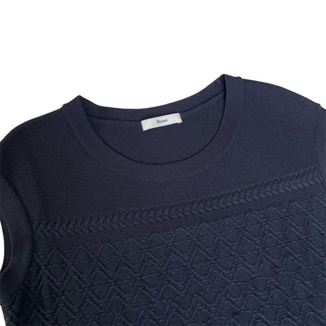 René ルネ ニットワンピース カメリアボタン 濃紺 34 ダイヤモンド柄