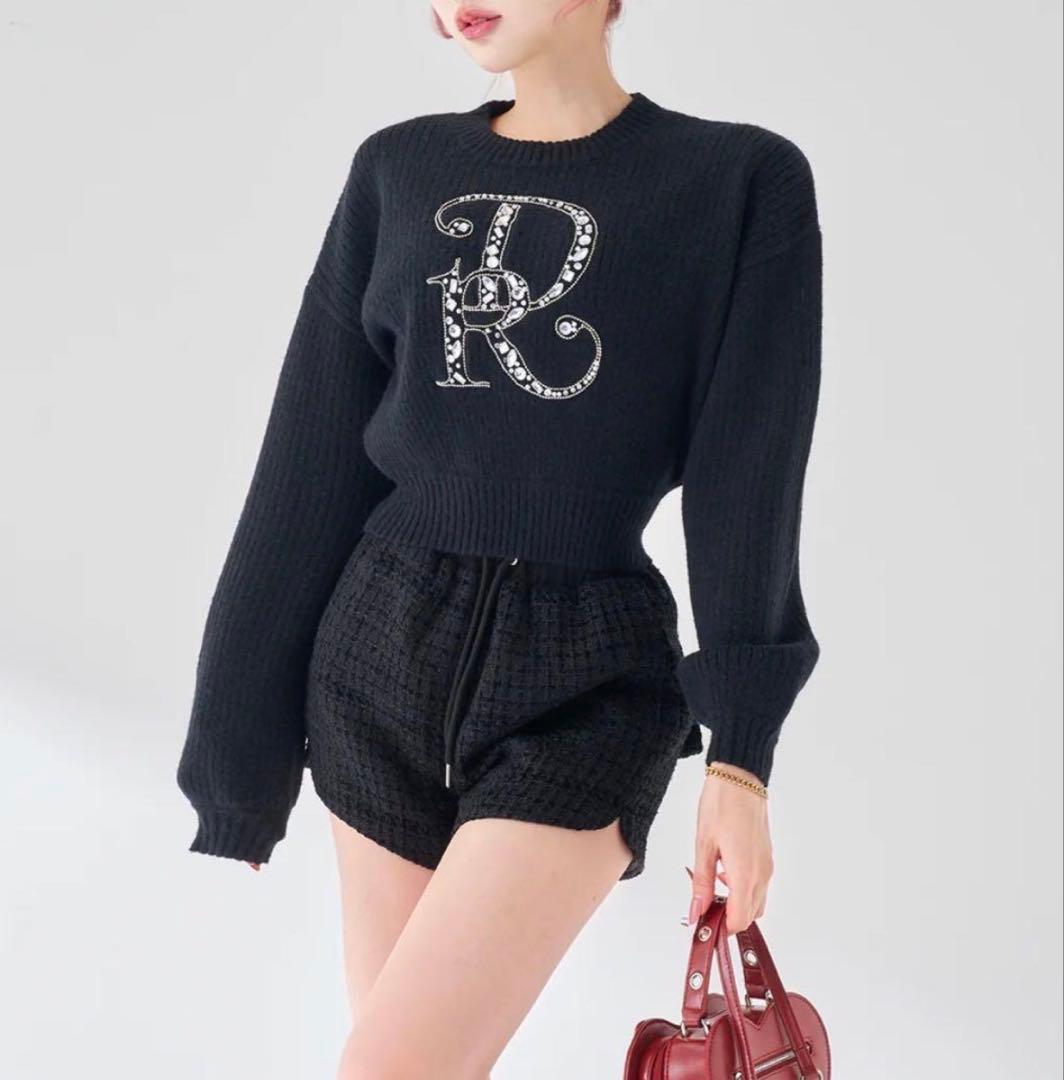 Darich ダーリッチ DRビジューボリュームリブニットトップス BLK