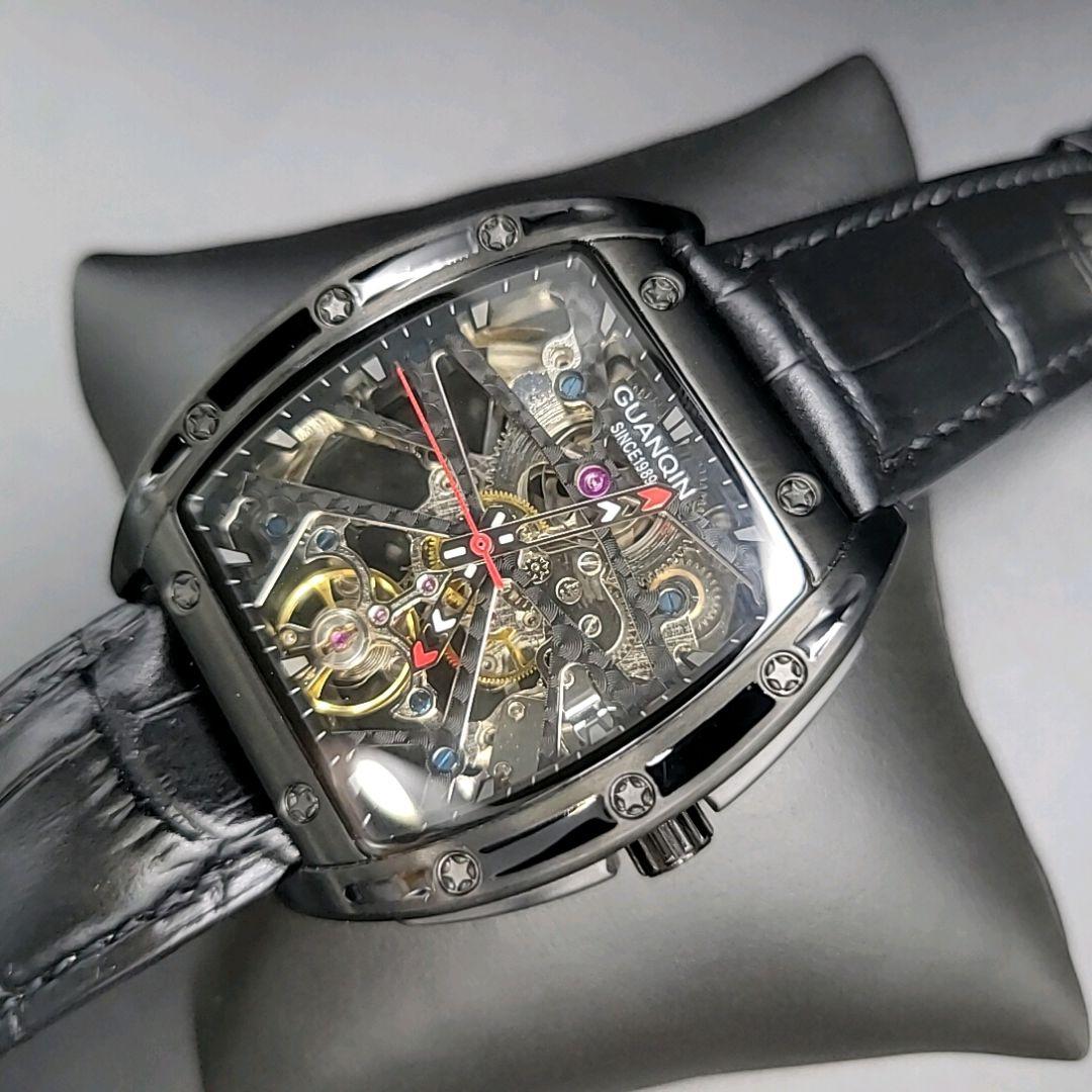 自動巻き腕時計 裏スケルトン レザーベルト トノー型 GUANQIN - メルカリ