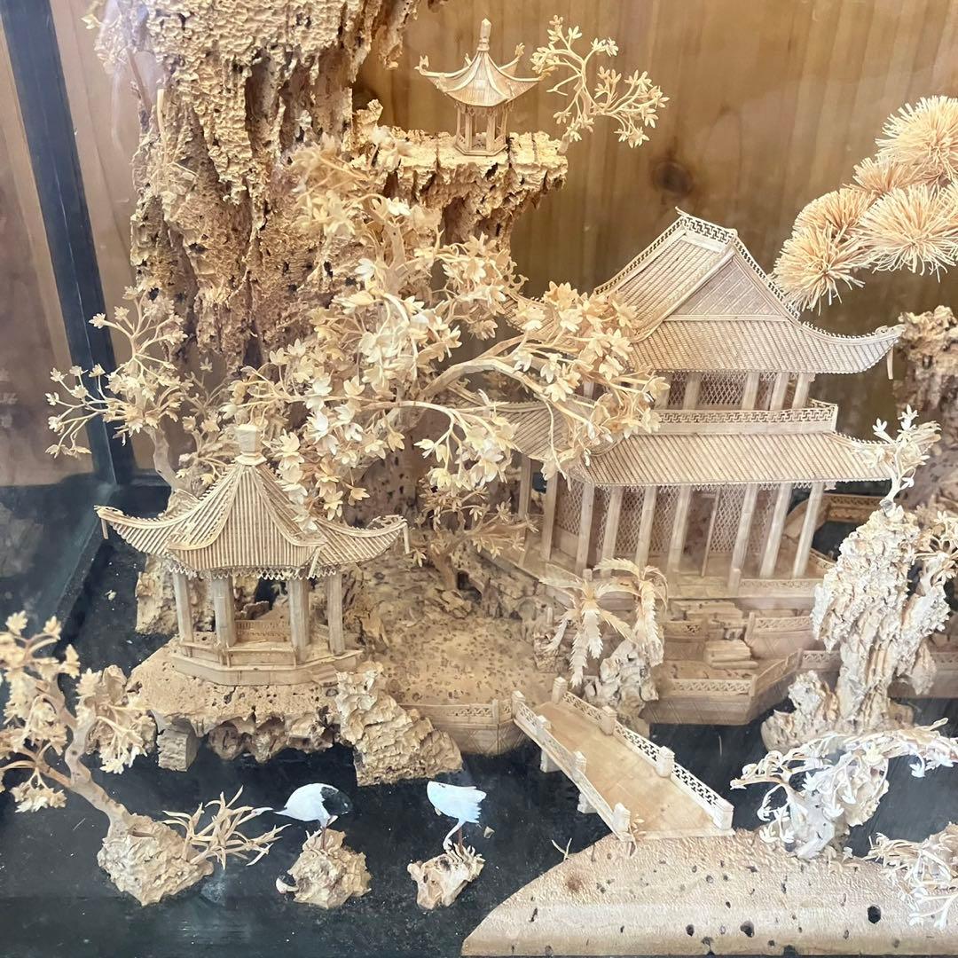 中国 コルク細工置物】コル木 山水 松 鶴 彫刻 工芸品 中国美術品