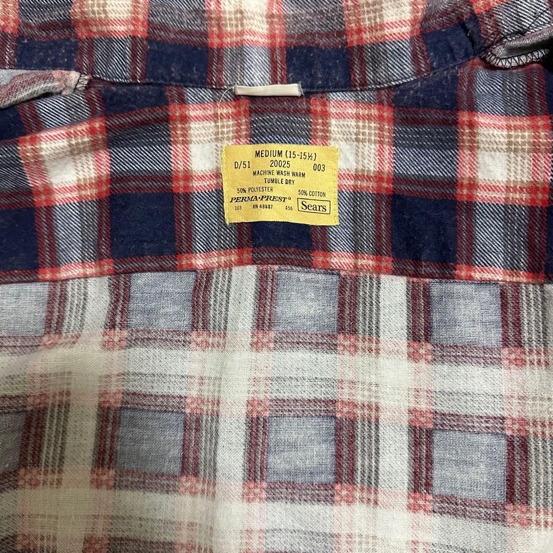 超希少 70s Sears オープンカラー プリントチェック ネルシャツ