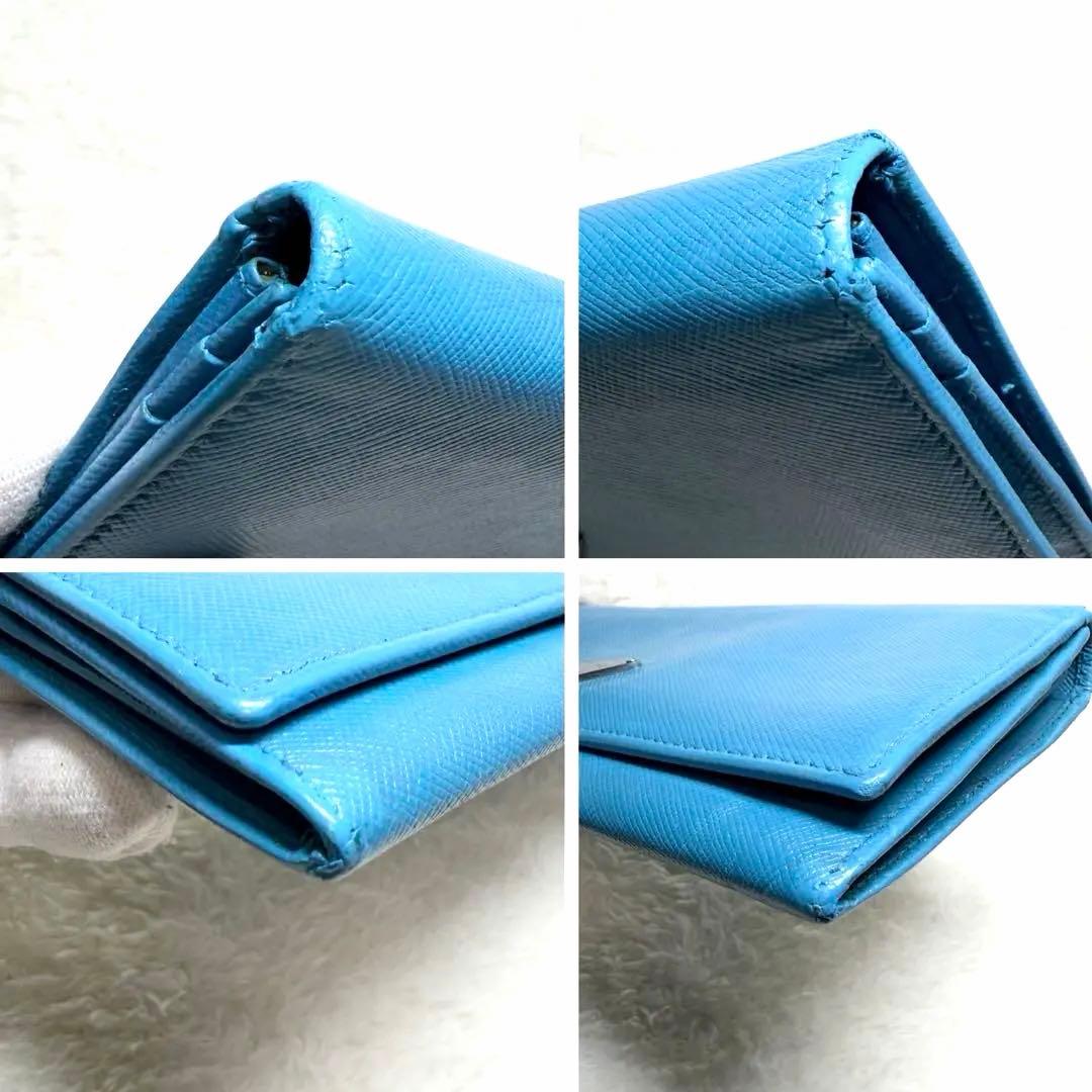 良品 PRADA プラダ サフィアーノ レザー 長財布 ブルー 三角プレート